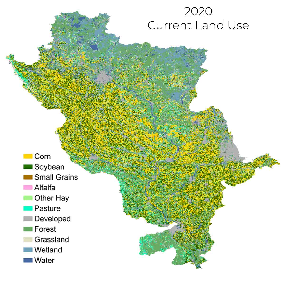 A color coded map showing the Upper Mississippi River Basin in 2020