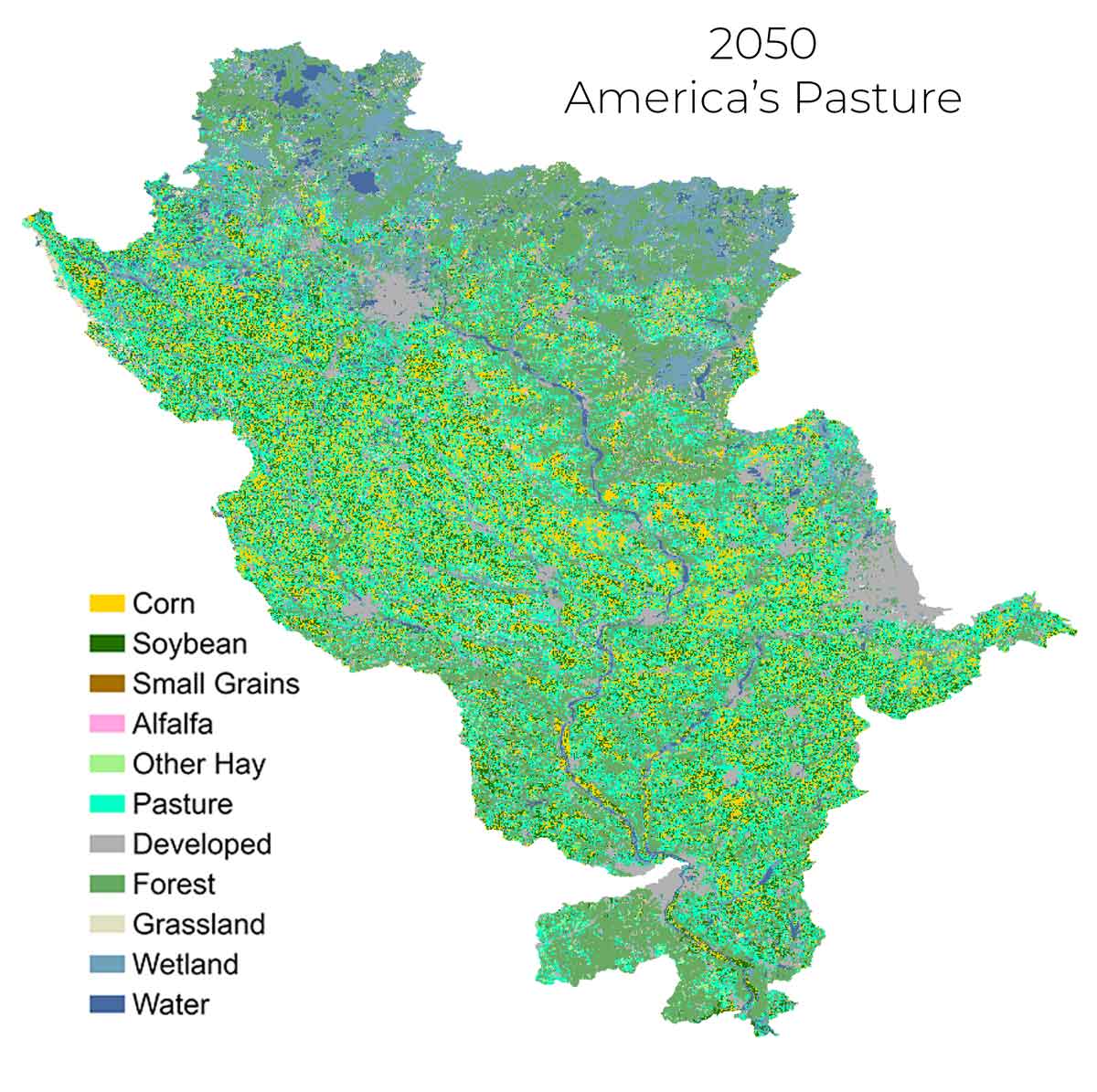 A color coded map of the Upper Mississippi River Basin showing the results of the America's Pasture scenario in 2050