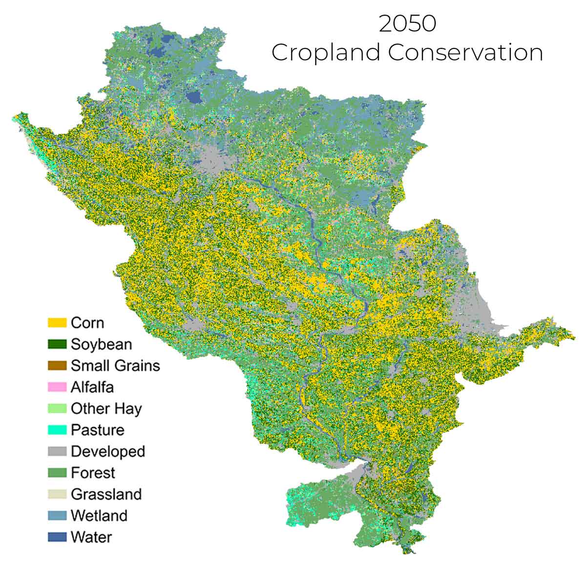 A color coded map of the Upper Mississippi River Basin showing the results of the Cropland Conservation scenario in 2050