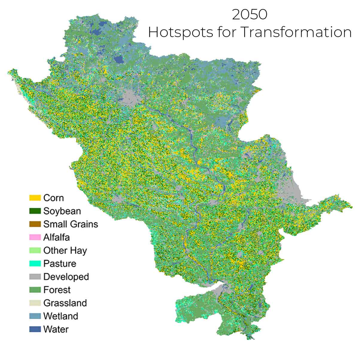 A color coded map of the Upper Mississippi River Basin showing the results of the Hotspots for Transformation scenario in 2050