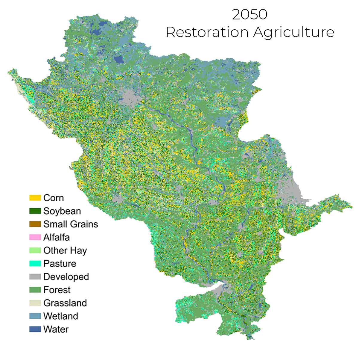 A color coded map of the Upper Mississippi River Basin showing the results of the Restoration Agriculture scenario in 2050