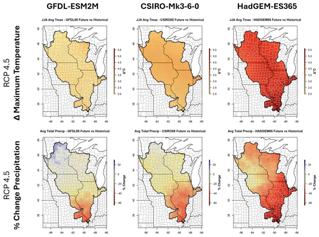 A group of images that show the climate model projections for mid-century summer precipitation and maximum temperature under RCP 4.5, a middle-of-the-road greenhouse gas concentration scenario.