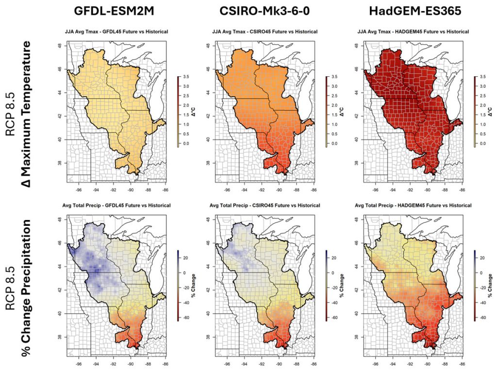 A group of images that show the climate model projections for mid-century summer precipitation and maximum temperature under RCP 8.5, a high greenhouse gas concentration scenario
