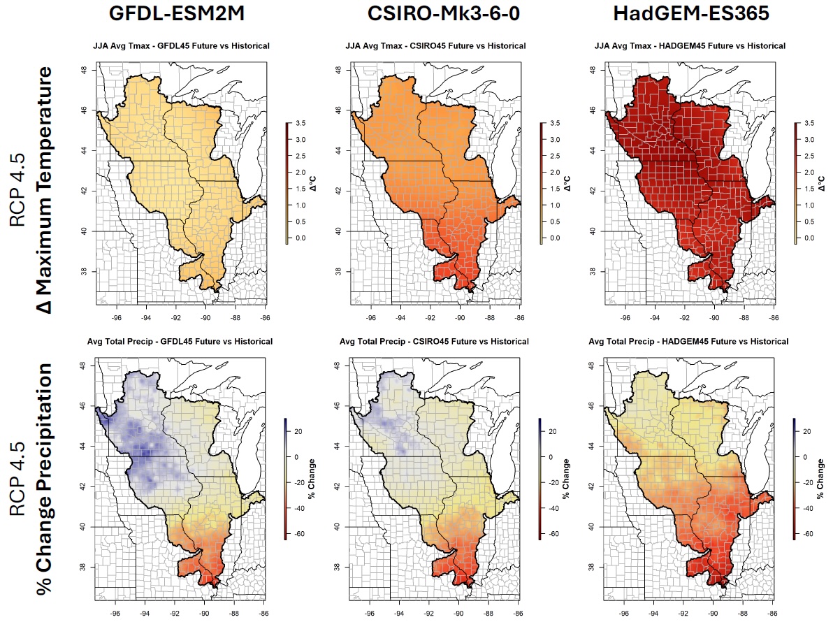 A group of images that show the climate model projections for mid-century summer precipitation and maximum temperature under RCP 4.5, a middle-of-the-road greenhouse gas concentration scenario.