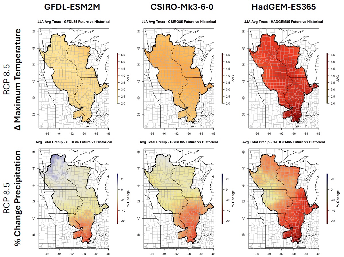 A group of images that show the climate model projections for mid-century summer precipitation and maximum temperature under RCP 8.5, a high greenhouse gas concentration scenario